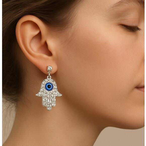 Evil Eye Silver Tone Crystal Dangle Earrings - Picture 1 of 3